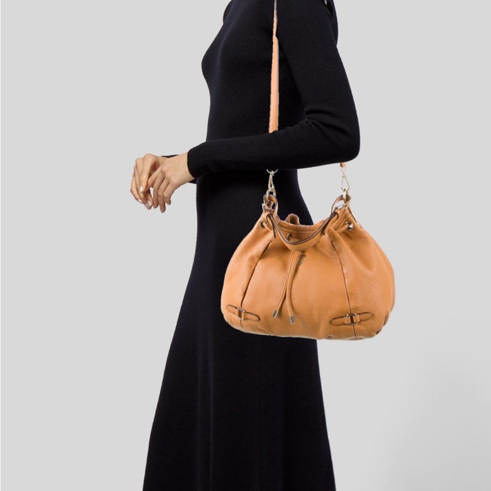 MCM Visetos Cognac Leather Bucket Bag